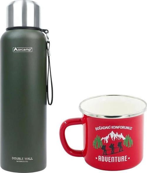 Çelik Termos 1,5 Lt Yeşil OUT-5100+Emaye Adventure 180 ml Kupa OUT-1900 Kırmızı ORC-069-B-K1