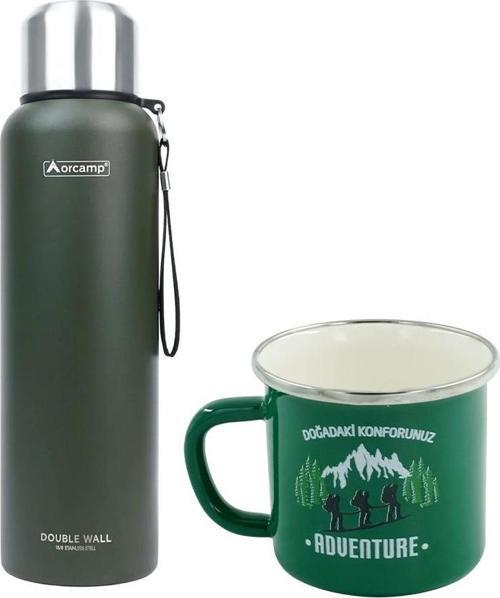Çelik Termos 1,5 Lt Yeşil OUT-5100+Emaye Adventure 180 ml Kupa OUT-1900 Yeşil ORC-069-B-Y1