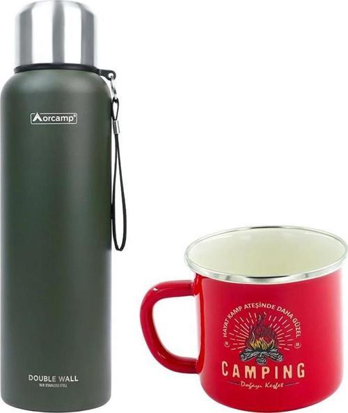 Çelik Termos 1,5 Lt Yeşil OUT-5100+Emaye Camping 180 ml Kupa OUT-1900 Kırmızı ORC-069-B-K2