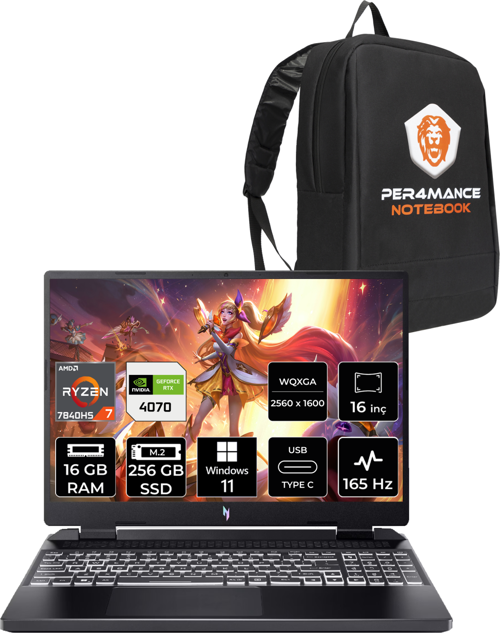 Nitro 16 R7 7840HS 16GB 256GB SSD RTX4070/8GB 165Hz WQXGA 16" W11P Gaming Laptop