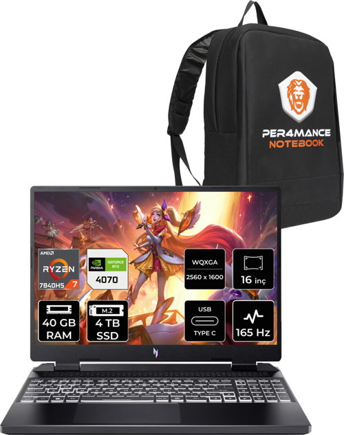 Nitro 16 R7 7840HS 40GB 4TB SSD RTX4070/8GB 165Hz WQXGA 16" FDOS Gaming Laptop