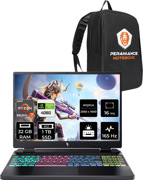 Nitro 16 R7 8845HS 32GB 1TB SSD RTX4060/8GB 165Hz WQXGA 16" FDOS Gaming Laptop