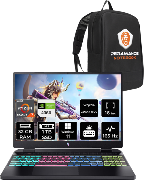 Nitro 16 R7 8845HS 32GB 1TB SSD RTX4060/8GB 165Hz WQXGA 16" W11H Gaming Laptop