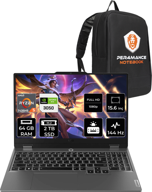 LOQ R5 7235HS 64GB 2TB SSD RTX3050/6GB 95W 144Hz FHD 15.6" FDOS Gaming Laptop
