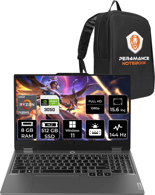 LOQ R5 7235HS 8GB 512GB SSD RTX3050/6GB 95W 144Hz FHD 15.6" W11P Gaming Laptop