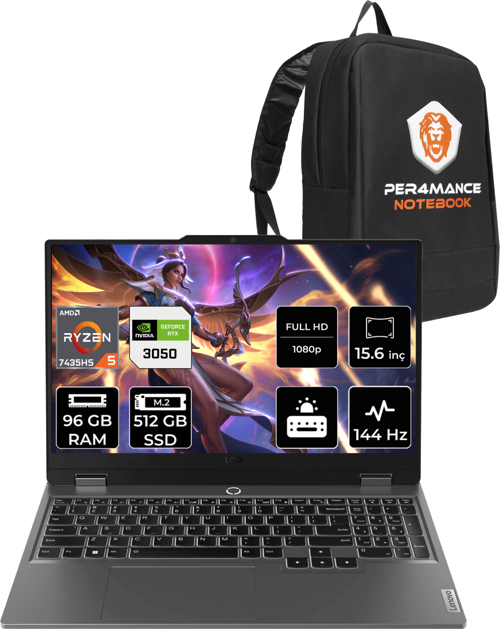 LOQ R5 7235HS 96GB 512GB SSD RTX3050/6GB 95W 144Hz FHD 15.6" FDOS Gaming Laptop