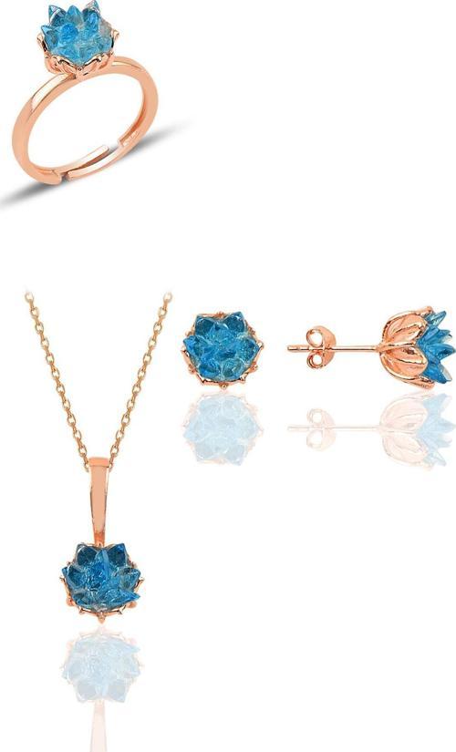 Gümüş Lotus çiçeği modeli akuamarin renkli taşlı üçlü set 
