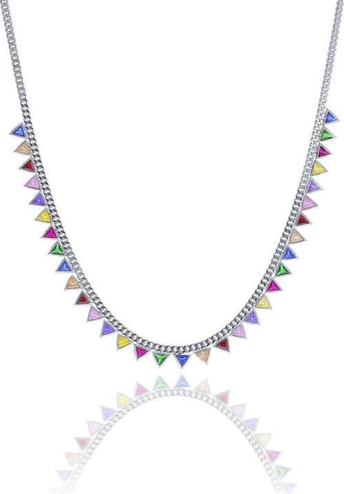 Gümüş rodyumlu renkli taşlı gurmet zincirli piramit kolye  