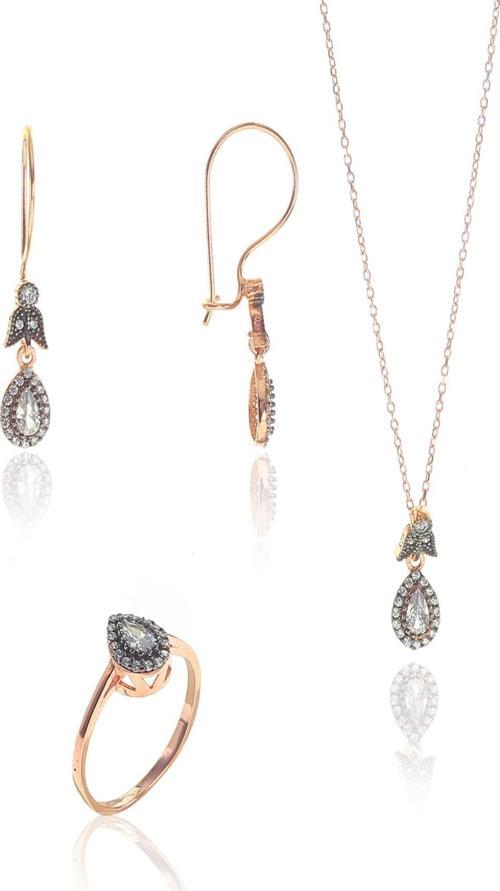 Gümüş rose zirkon taşlı elmas montürlü damla set 