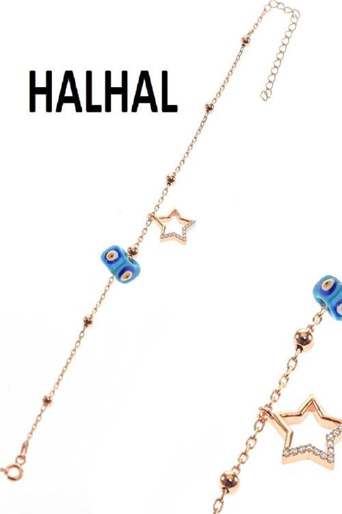 Gümüş yıldız ve toplu mineli turkuaz taşlı zincir halhal 