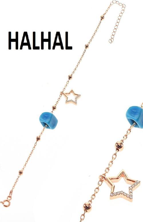 Gümüş yıldız ve toplu turkuaz taşlı zincir halhal 