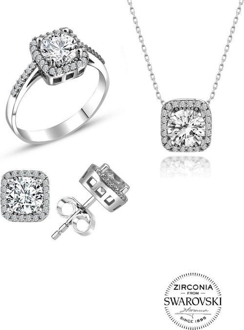 Gümüş Swarovski taşlı pırlanta modeli kare üçlü set 