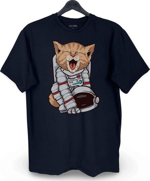 Astronot Sarı Kedi Baskılı Loose Fit Bisiklet Yaka Unisex Tişört