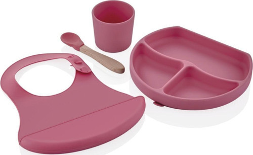 Silikon Beslenme Seti Pembe - Bpa Içermeyen Silikon Önlük & Tabak & Bardak & Kaşık