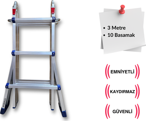 300 cm. 10 Basamak A ve I Tipi Katlanıp Uzayabilen Mini Dev Alüminyum Merdiven