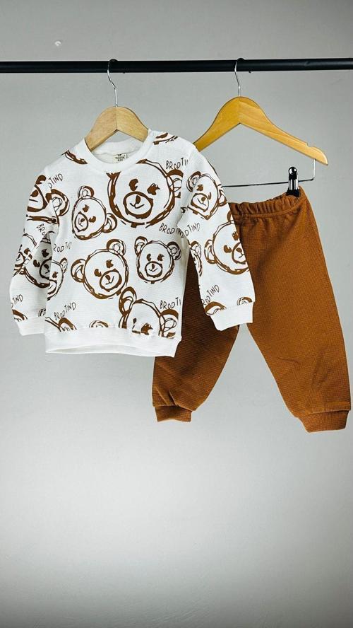 Ayıcıklı Çıtçıt Yakalı Pamuklu Erkek Bebek Takım Kahverengi 18 Ay