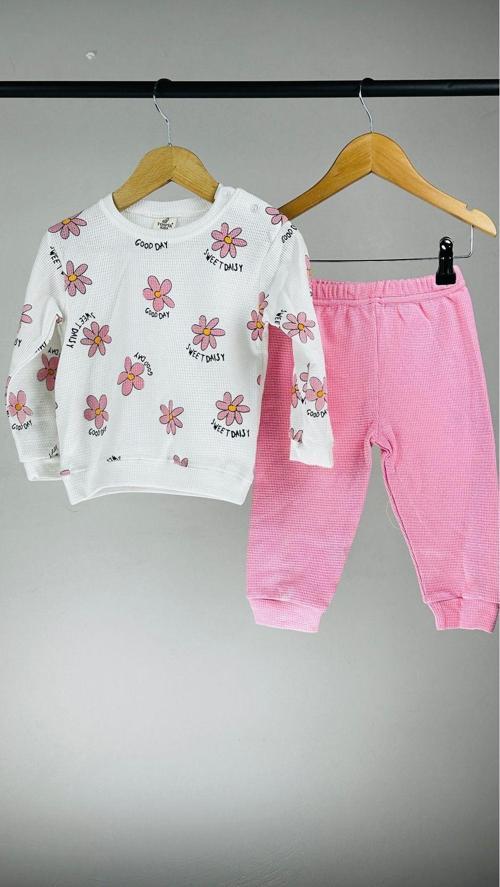 Çiçek Desenli Pamuklu Kız Bebek Ait Üst Takım Pembe 12 Ay