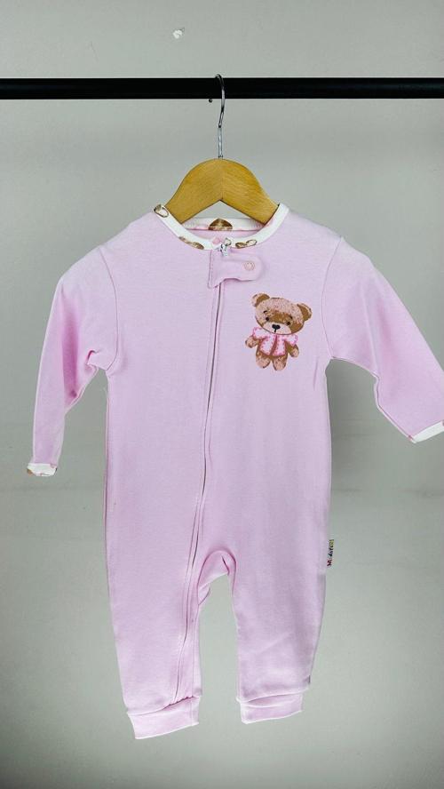 Ayıcık Desenli Fermuarlı Pamuklu Kız Bebek Tulum Pembe 9 Ay