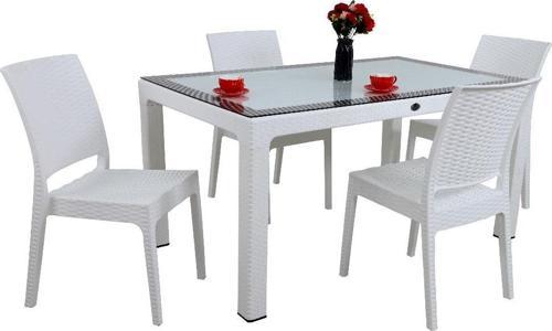 Elit Rattan 90x150 4 kişilik Elit Sandalye Camlı Masa Takımı Beyaz