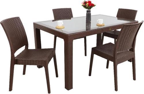 Elit Rattan 90x150 4 kişilik Elit Sandalye Camlı Masa Takımı Kahverengi