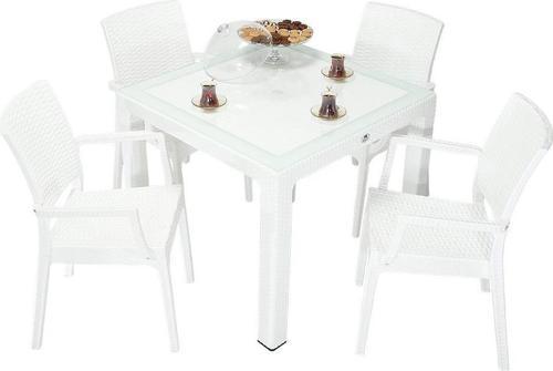 Elit Rattan 90x90 Elit Koltuk Camlı Masa Takımı BEYAZ