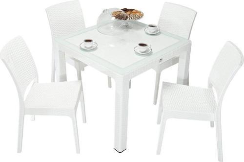 Elit Rattan 90x90 Elit Sandalye Camlı Masa Takımı beyaz