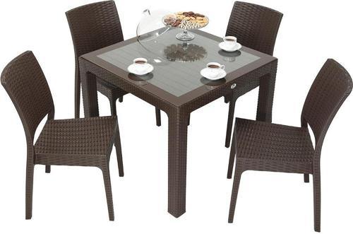 Elit Rattan 90x90 Elit Sandalye Camlı Masa Takımı KAHVERENGİ
