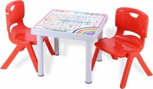 Plastik Mandella Rubi İngilizce Desenli Çocuk Masası 2 Adet Nova Orta Çocuk Koltuk Kırmızı