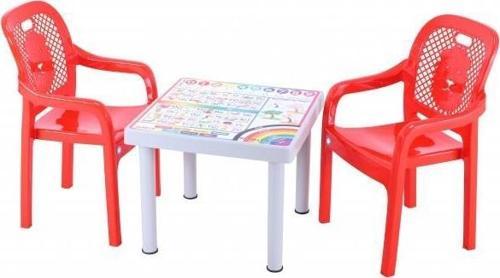 Plastik Mandella Rubi İngilizce Desenli Çocuk Masası 2 Adet Rubi Çocuk Koltuk Kırmızı