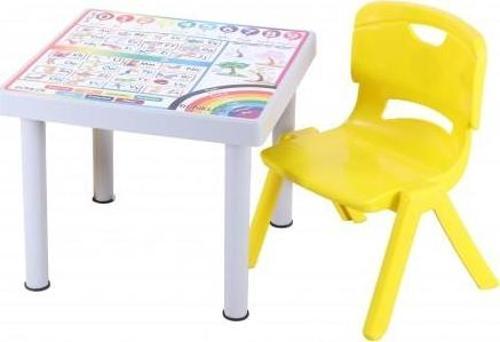 Plastik Mandella Rubi Türkçe Desenli Çocuk Masası 1 Adet Nova Orta Çocuk Koltuk Sarı