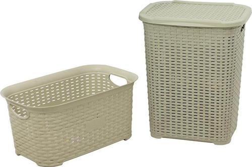 Plastik Rattan Hasır Görünümlü Kirli Çamaşır Sepeti- Çamaşır sepeti 2'li Set Çölbeji