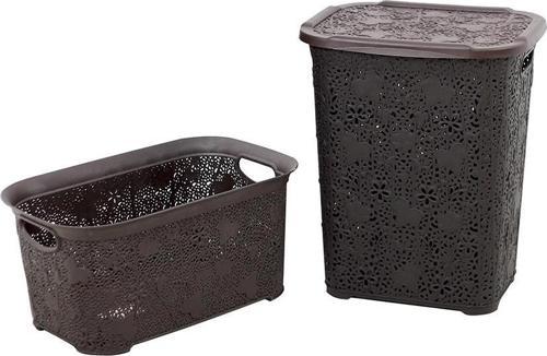 Plastik Dantel Kirli Çamaşır Sepeti- Çamaşır sepeti 2'li Set Kahverengi