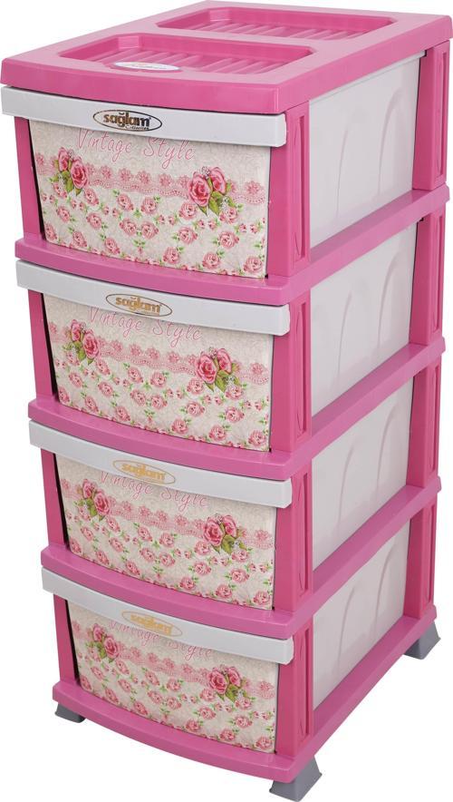 Plastik Elegant Desenli Komidin (4 Çekmeceli Sebzelik) Pembe