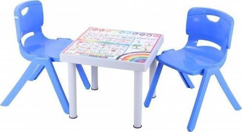 Plastik Mandella Rubi İngilizce Desenli Çocuk Masası 2 Adet Nova Büyük Çocuk Koltuk Mavi