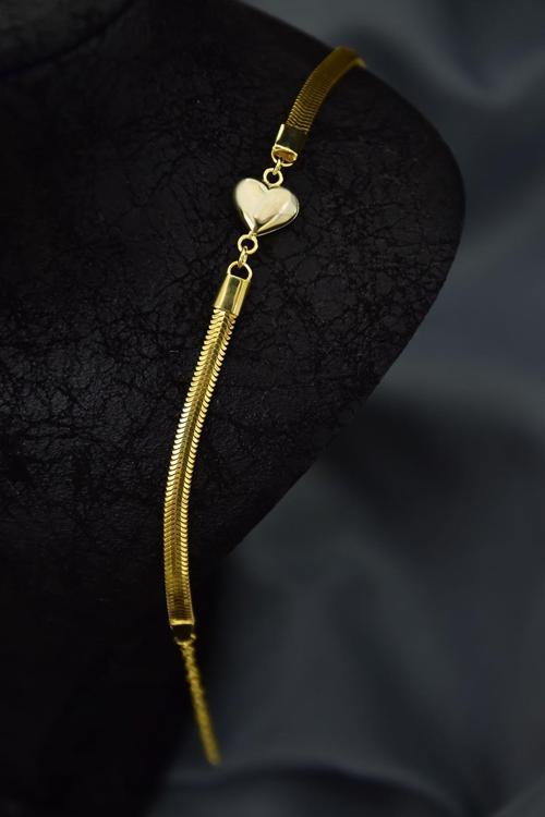 925 Ayar Gümüş Gold Kaplama Ezme Zincir Kalp Bileklik