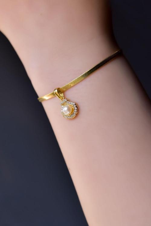 925 Ayar Gümüş Gold Kaplama Incili Deniz Kabuğu, Italyan Zincir Bileklik