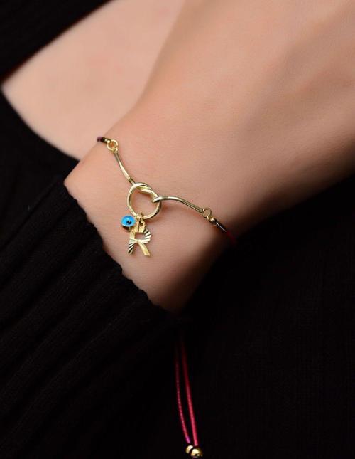 925 Ayar Gümüş Gold Kaplama Kırmızı Ipli Kristal Harfli Cam Göz Düğüm  Kadın Bileklik