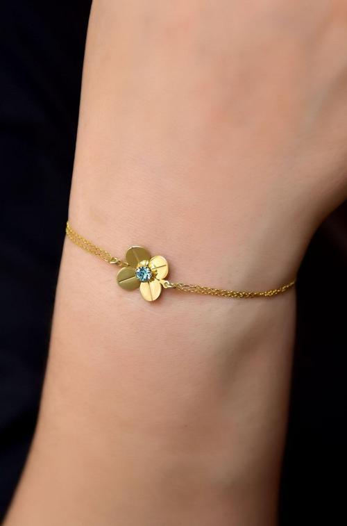 925 Ayar Gümüş Gold Kaplama Mart Ayı Doğum Taşlı Şans Dört Yapraklı Yonca Bileklik