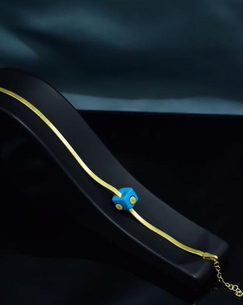 925 Ayar Gümüş Gold Kaplama Mavi Gözlü Kare Taşlı Italyan Zincir Bileklik