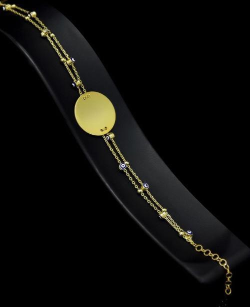 925 Ayar Gümüş Gold Kaplama Nazar Zincir Isimli Mineli Plaka Bileklik