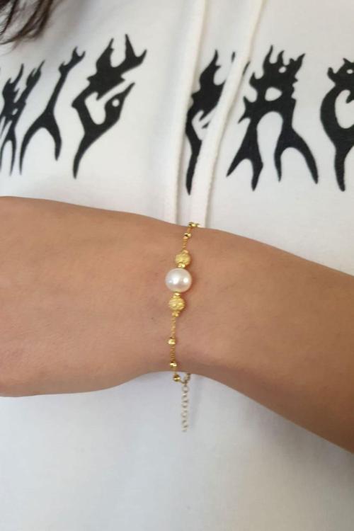 925 Ayar Gümüş Altın Kaplama Sim Dorika Toplu Inci Kadın Bileklik