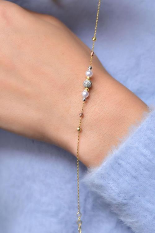 925 Ayar Gümüş Altın Kaplama Sim Dorika Toplu Inci Kadın Bileklik Uvpts200005