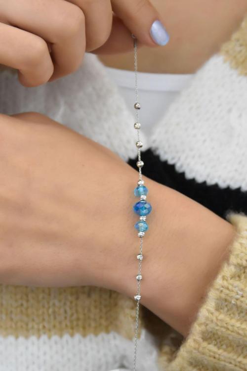 925 Ayar Gümüş Rodyum Kaplama Dorika Toplu Mavi Renkli Doğal Taşlı Bileklik