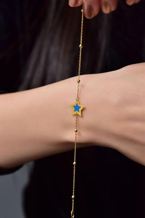 925 Ayar Gümüş Gold Kaplama Top Zincirli Rüya Serisi Ebruli Cam Boyalı Yıldız Bileklik