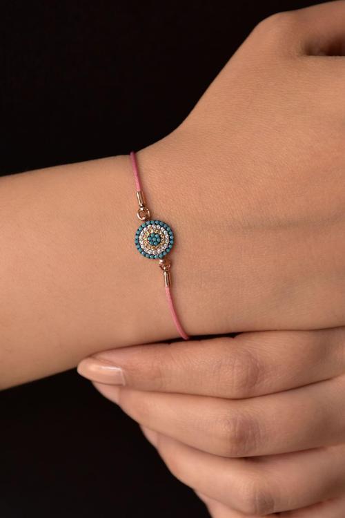 925 Ayar Gümüş Firuze Taşlı Pembe İpli Nazar Kadın Bileklik