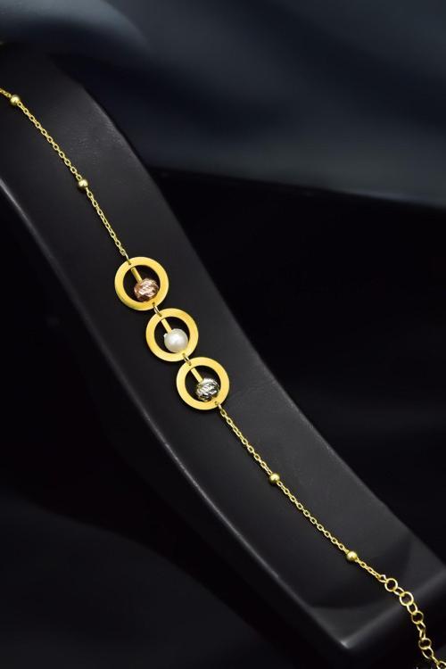 925 Ayar Gümüş Gold Kaplama Üç Çember Dorikalı, Incili Bileklik