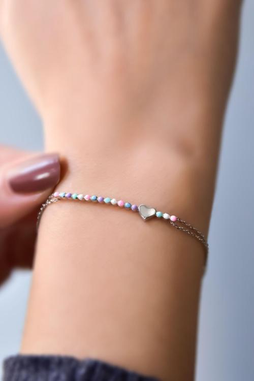 925 Ayar Gümüş Rodyum Kaplama Sıralı Renkli Mineli, Kalp Bileklik