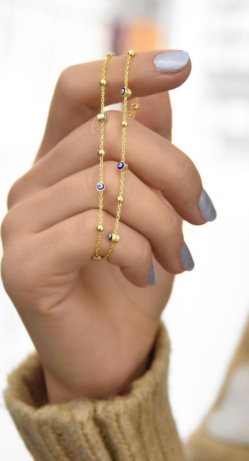 925 Ayar Gümüş Gold Kaplama Çift Zincirli Toplu Nazar Göz Gümüş Bileklik