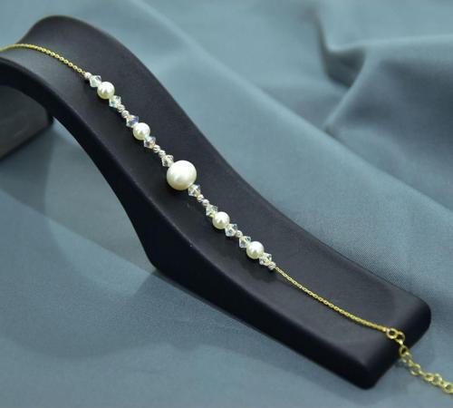 925 Ayar Gümüş Gold Kaplama Zarif Incili Dorika Toplu Beyaz Boncuklu Bileklik