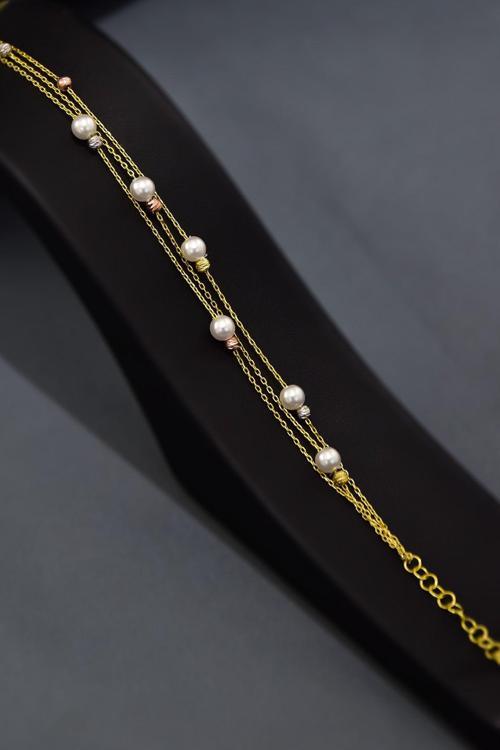 925 Ayar Gümüş Üç Renk Dorika Toplu Incili Üç Zincir Bileklik